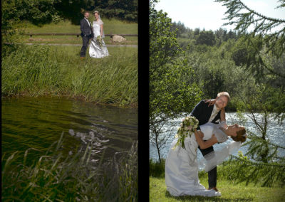 Bryllups foto collage med brudepar med vand henholdsvis i front og bag